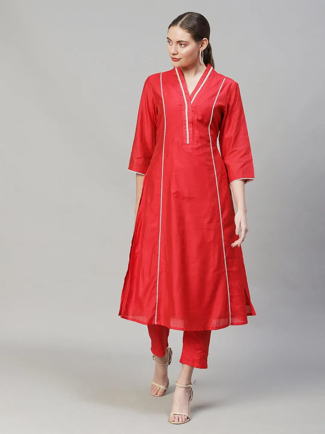 Ethnic A-Line Kurta with Pants & Dupatta - Red