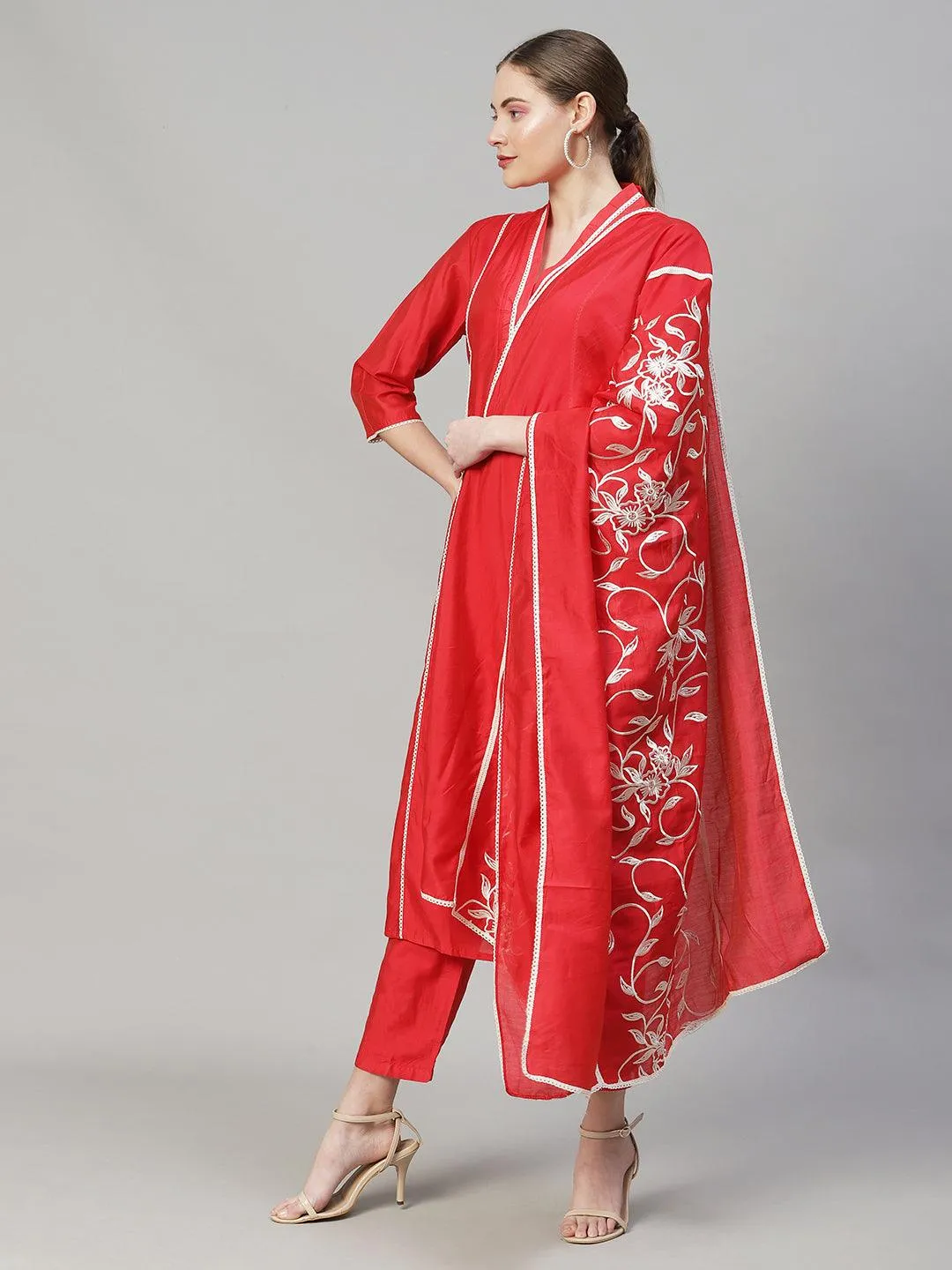 Ethnic A-Line Kurta with Pants & Dupatta - Red