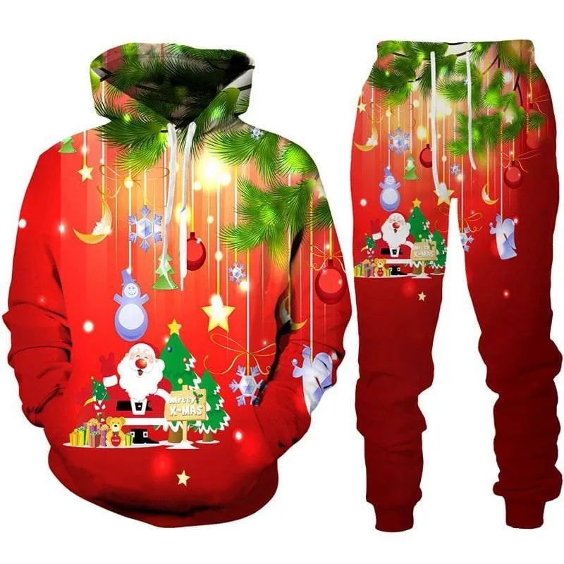 Festive Santa Claus 3D Printed Hoodie and Jogger Set - Cozy Christmas Sportswear