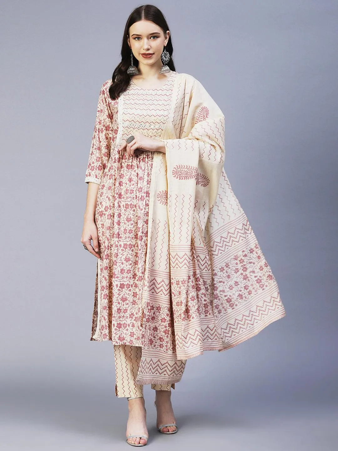 Floral Printed Mirror Embroidered High Slit Kurta With Pants & Dupatta - Cream