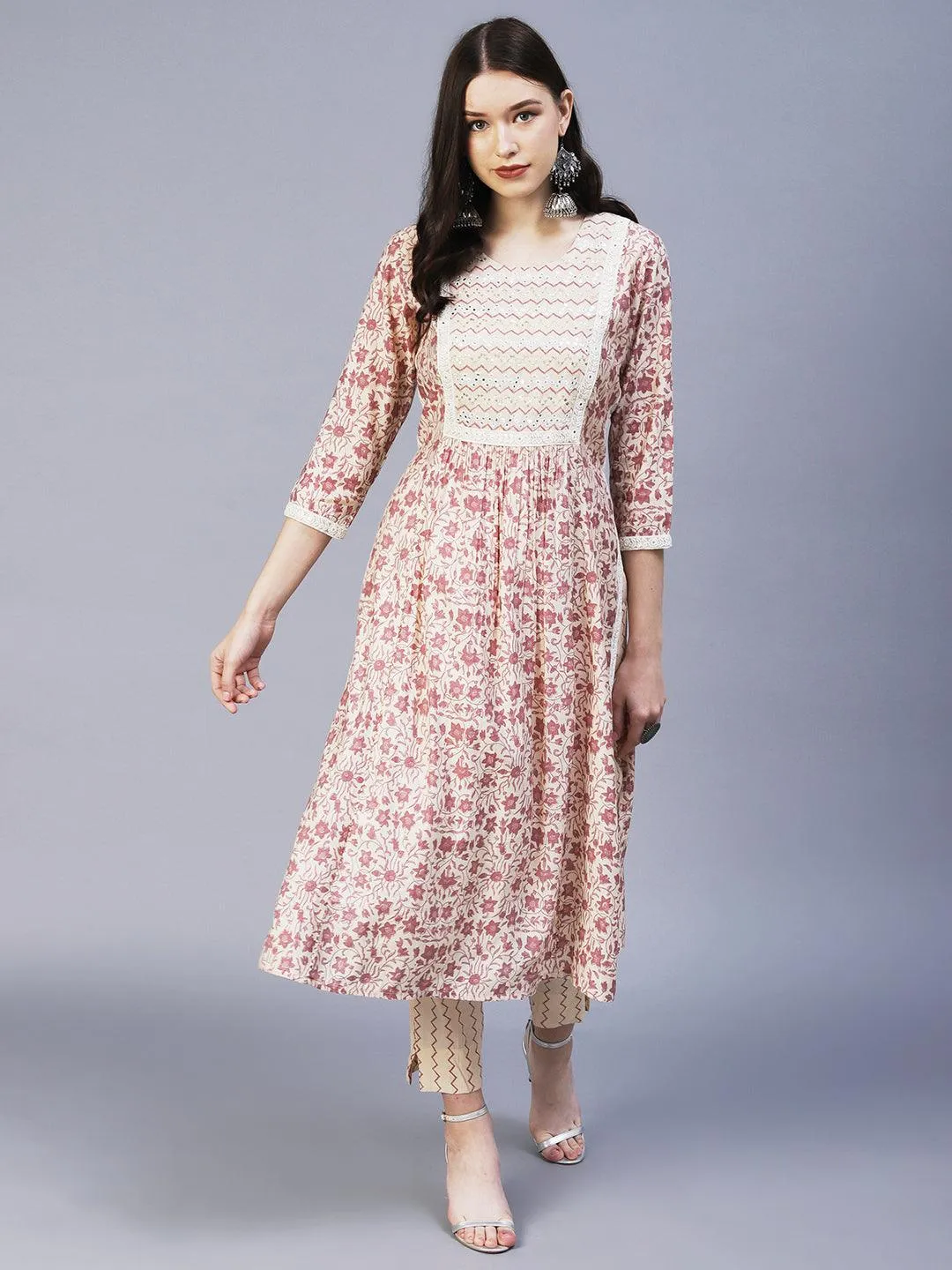 Floral Printed Mirror Embroidered High Slit Kurta With Pants & Dupatta - Cream