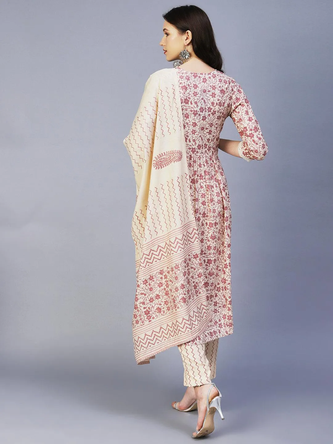 Floral Printed Mirror Embroidered High Slit Kurta With Pants & Dupatta - Cream