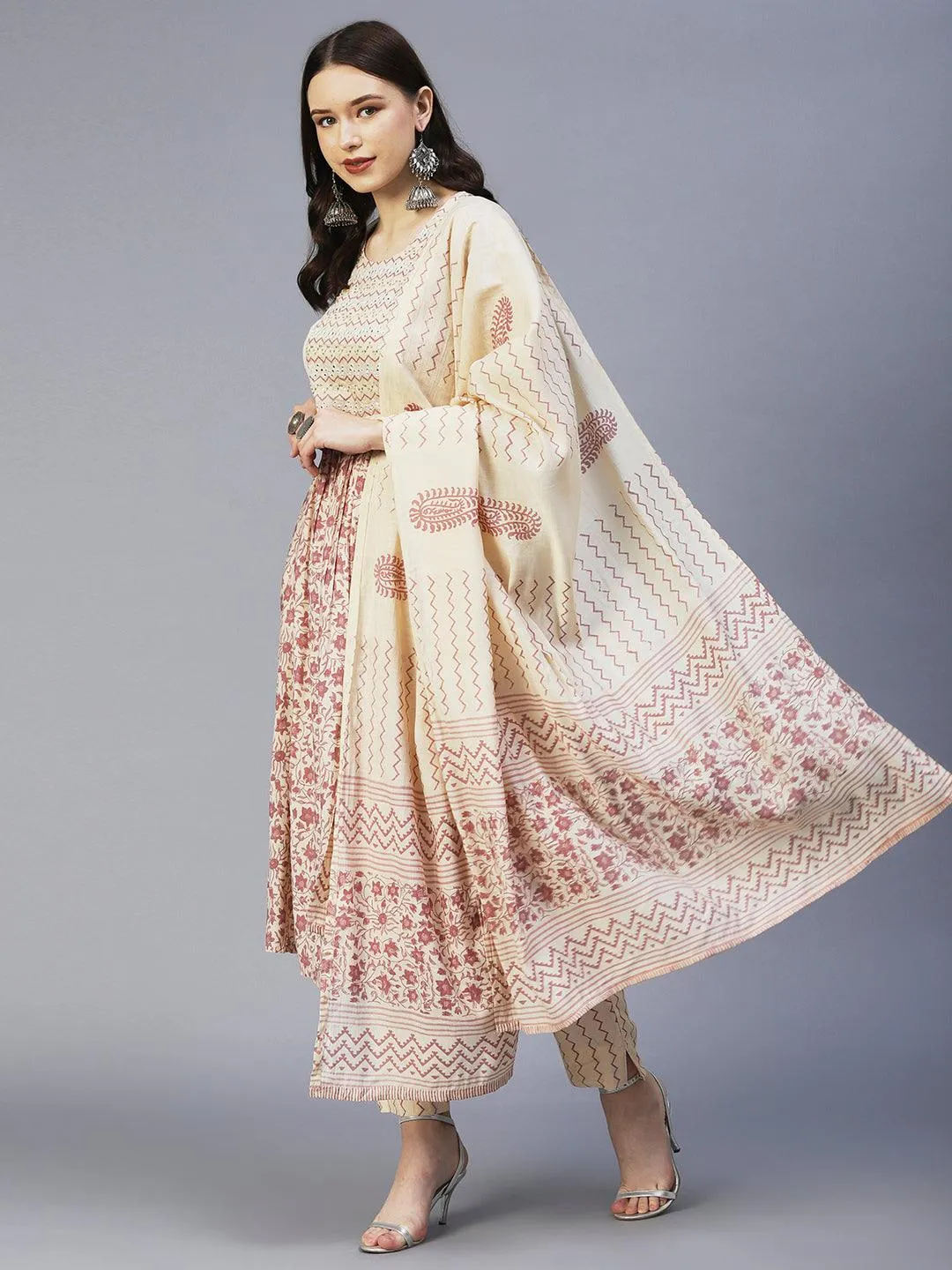 Floral Printed Mirror Embroidered High Slit Kurta With Pants & Dupatta - Cream