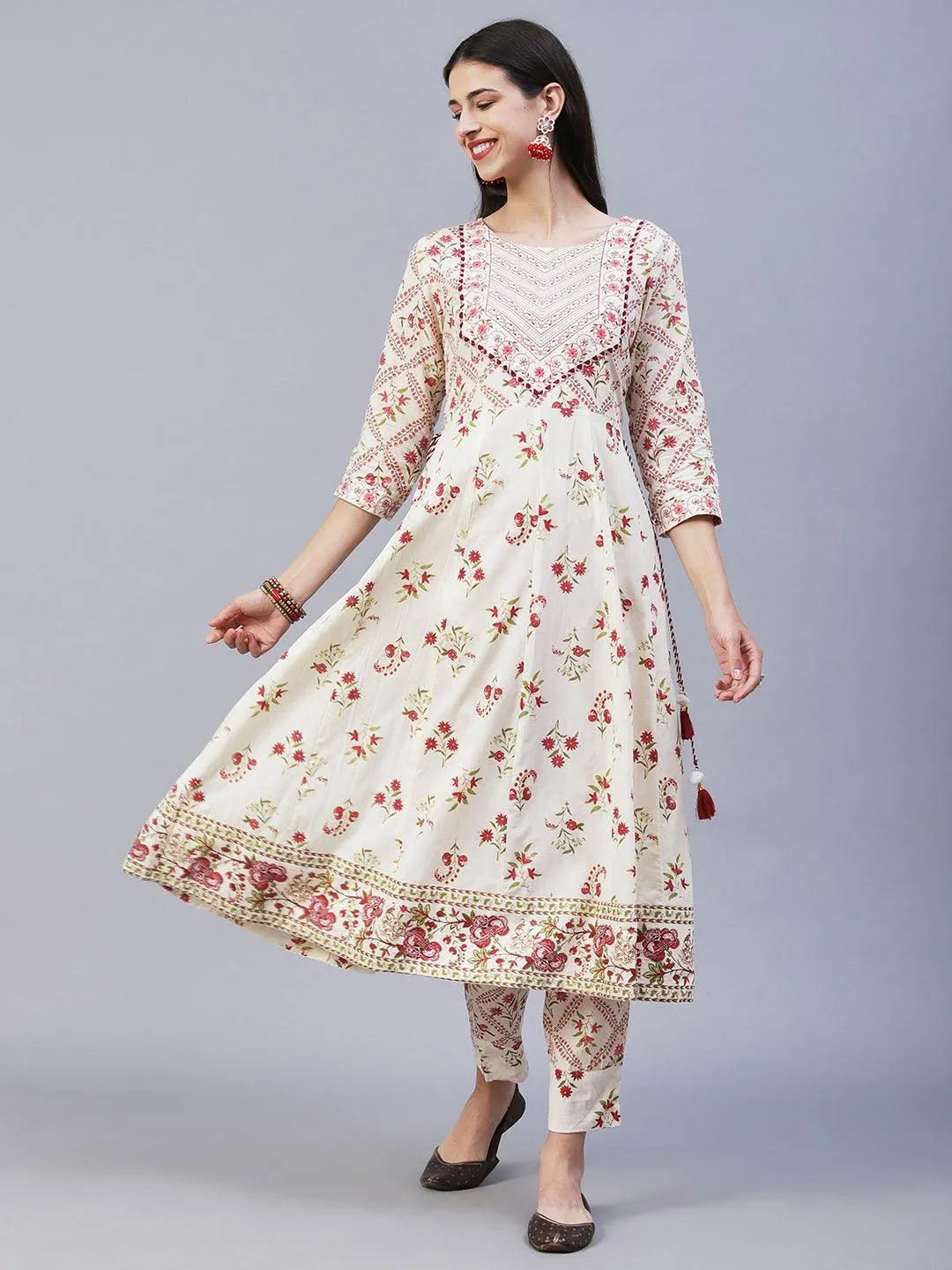 Floral Printed Resham Embroidered Anarkali Kurta With Pants & Dupatta - Off White & Pink