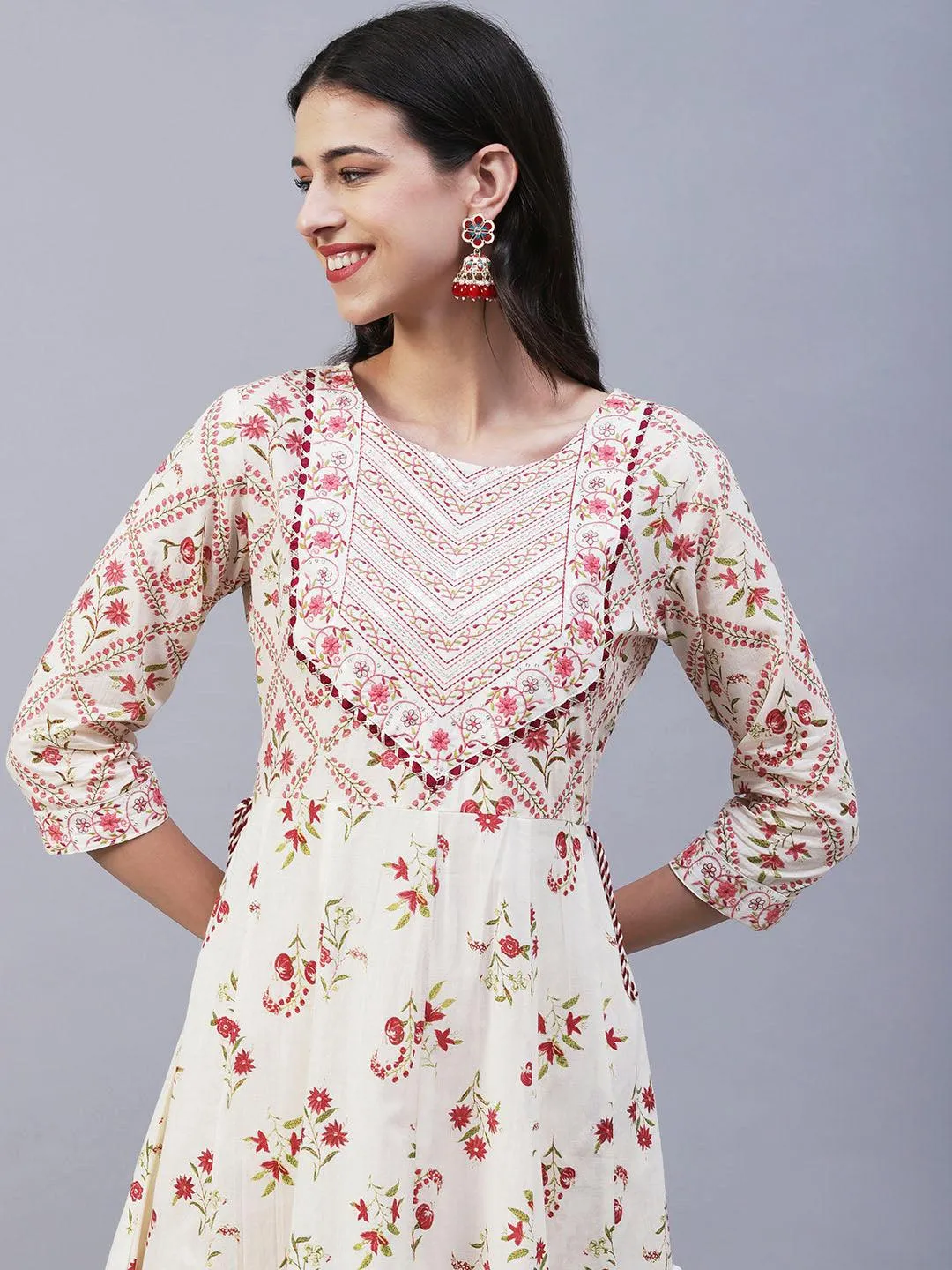 Floral Printed Resham Embroidered Anarkali Kurta With Pants & Dupatta - Off White & Pink