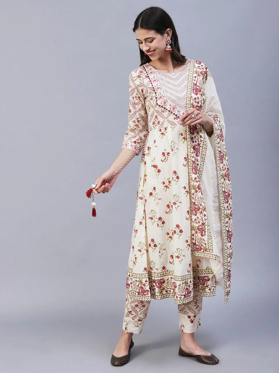 Floral Printed Resham Embroidered Anarkali Kurta With Pants & Dupatta - Off White & Pink