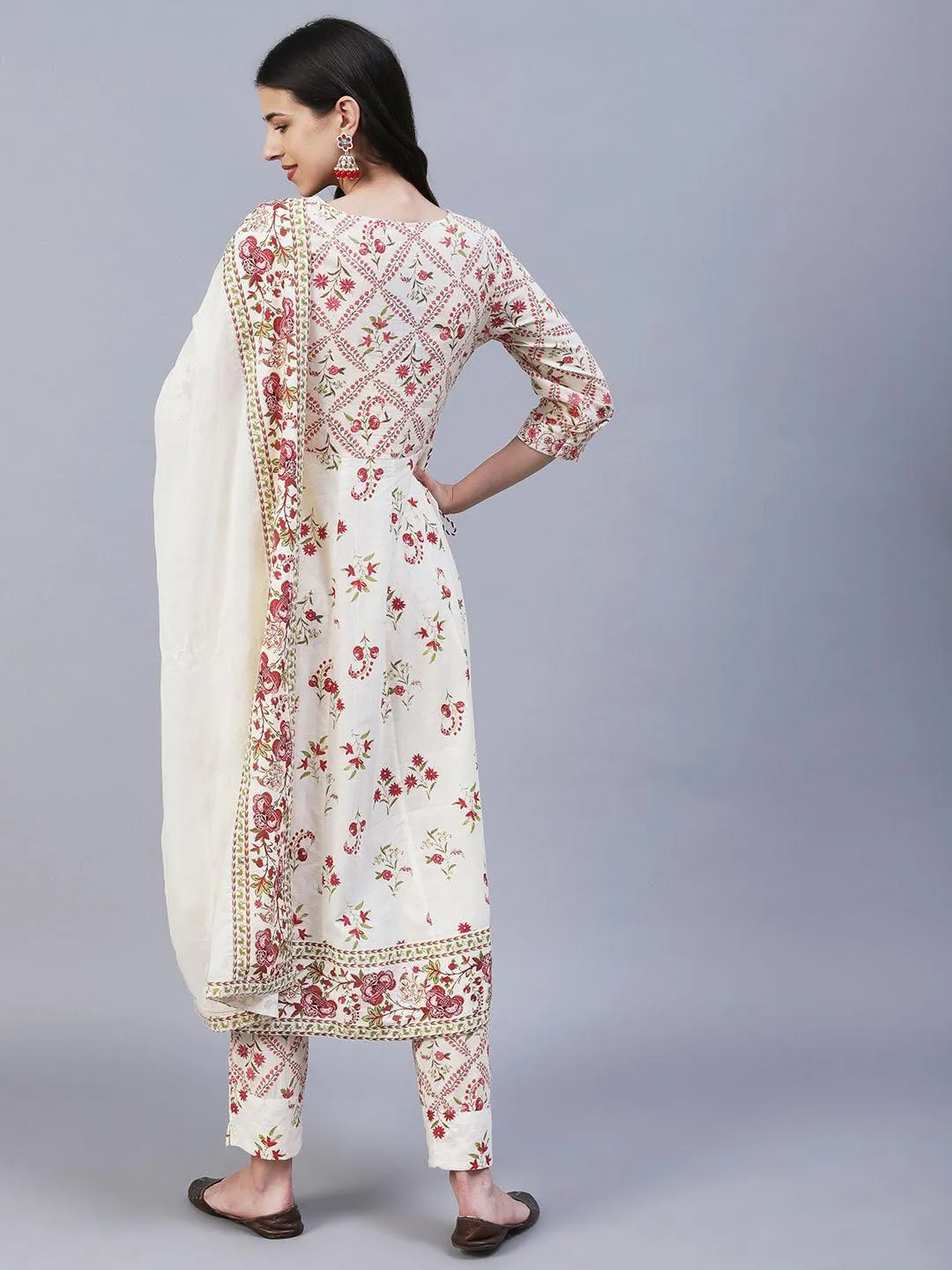 Floral Printed Resham Embroidered Anarkali Kurta With Pants & Dupatta - Off White & Pink