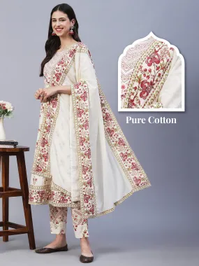 Floral Printed Resham Embroidered Anarkali Kurta With Pants & Dupatta - Off White & Pink