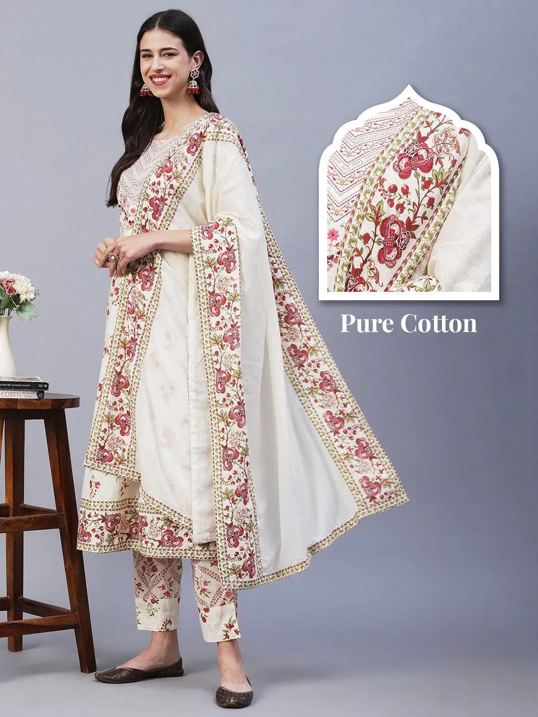 Floral Printed Resham Embroidered Anarkali Kurta With Pants & Dupatta - Off White & Pink