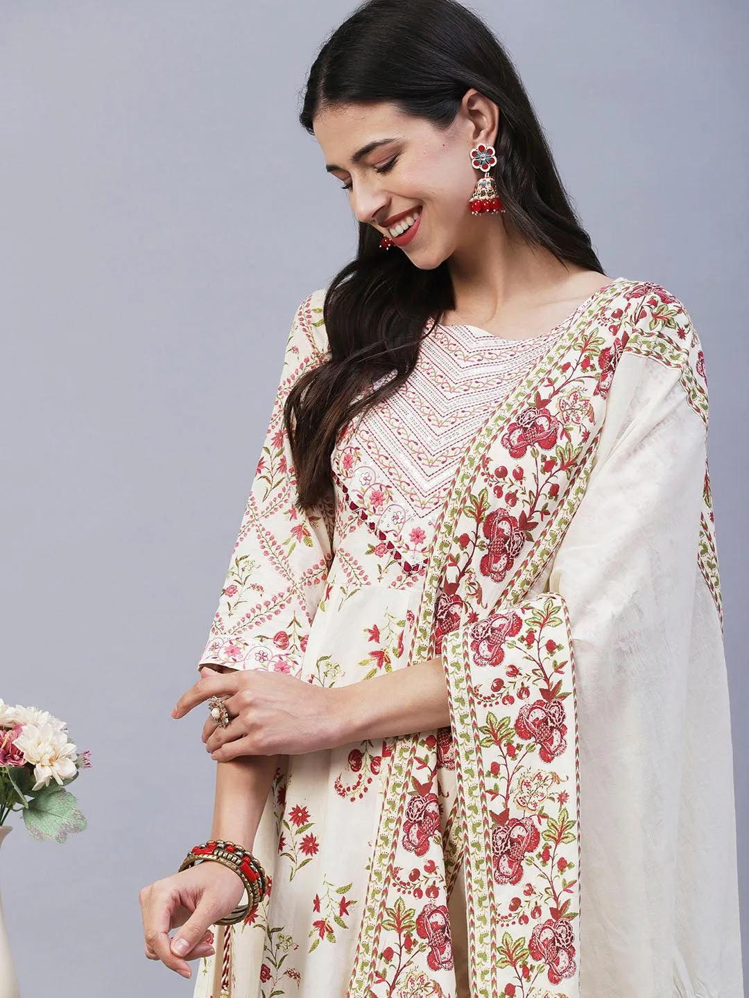 Floral Printed Resham Embroidered Anarkali Kurta With Pants & Dupatta - Off White & Pink