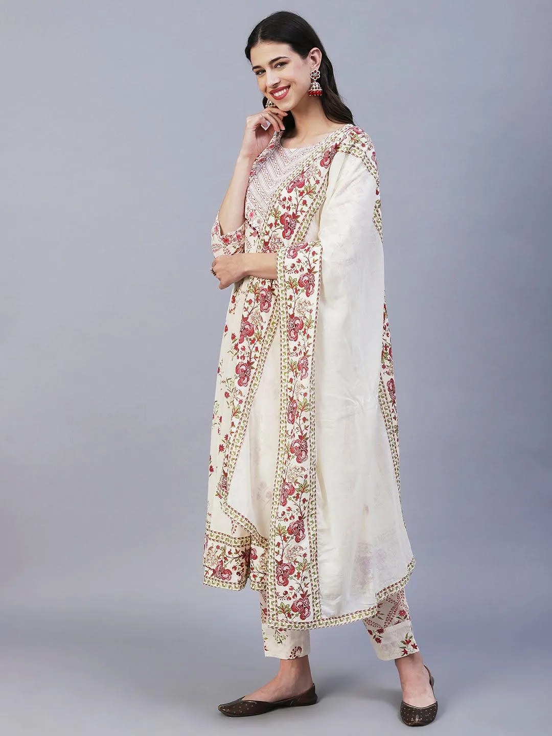 Floral Printed Resham Embroidered Anarkali Kurta With Pants & Dupatta - Off White & Pink