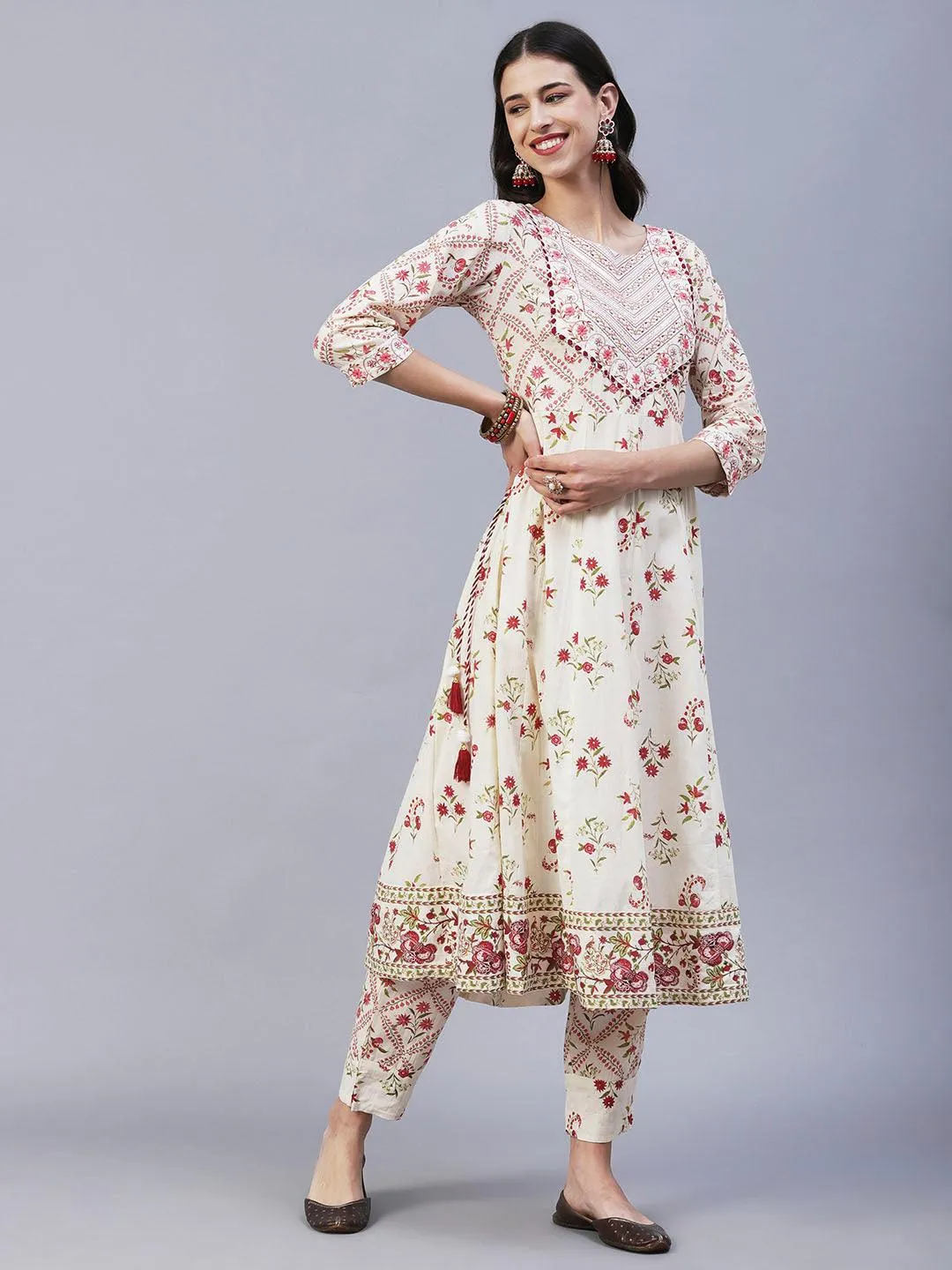 Floral Printed Resham Embroidered Anarkali Kurta With Pants & Dupatta - Off White & Pink