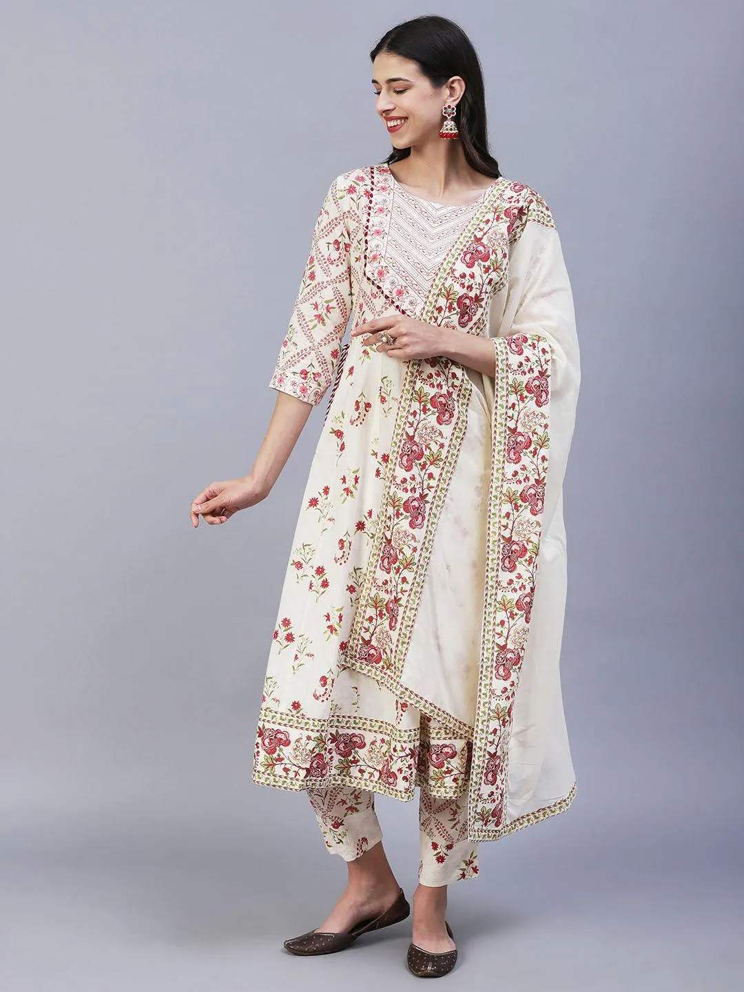 Floral Printed Resham Embroidered Anarkali Kurta With Pants & Dupatta - Off White & Pink