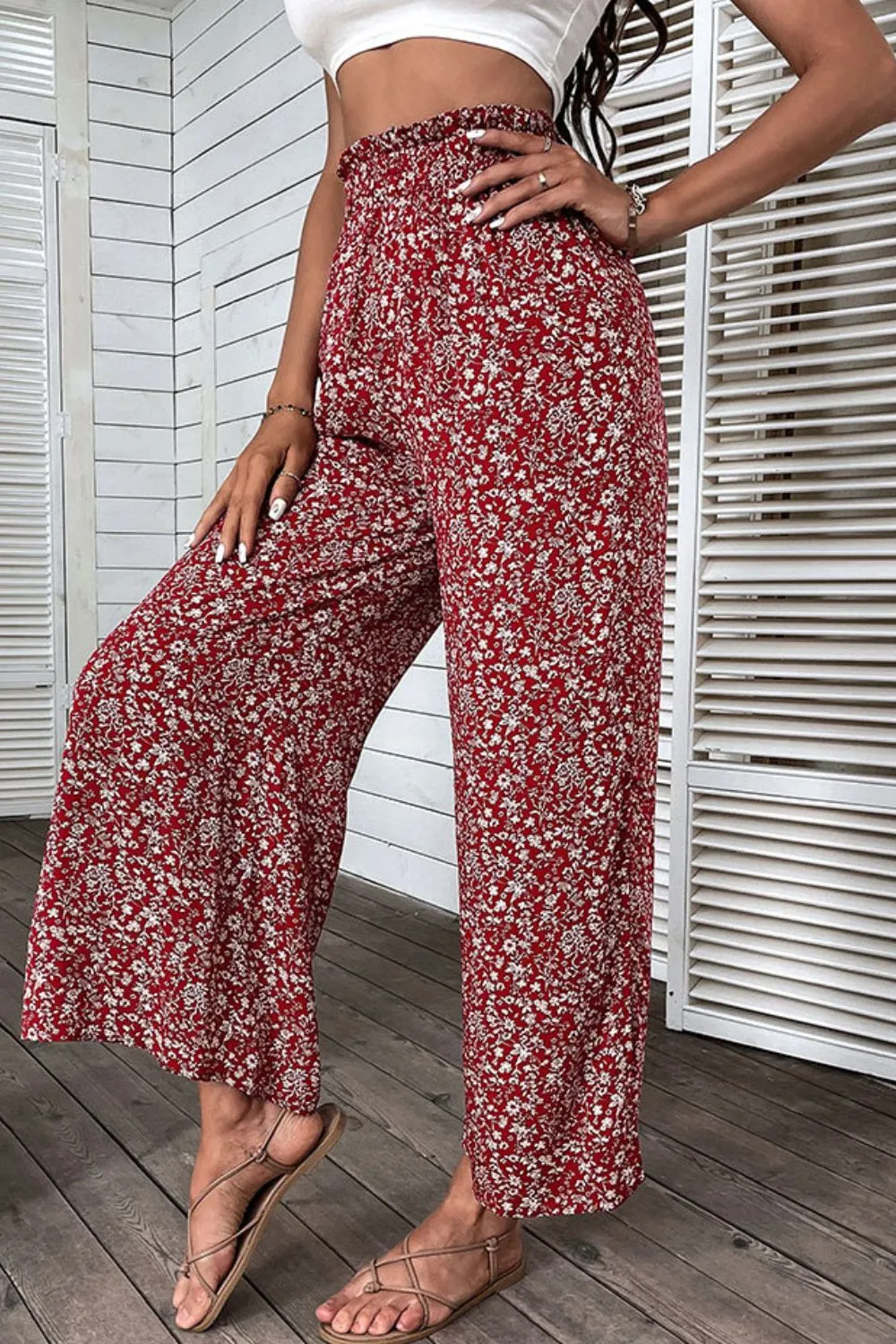 Floral Slit High Waist Wide Leg Pants