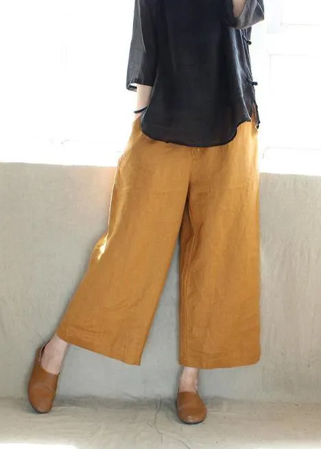 French Spring Women Pants Plus Size Yellow Design Elastic Waist Pockets Wild Pants