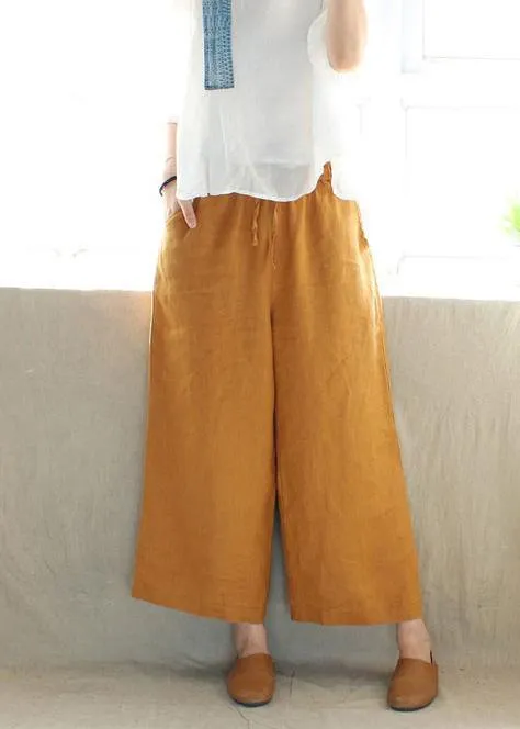 French Spring Women Pants Plus Size Yellow Design Elastic Waist Pockets Wild Pants