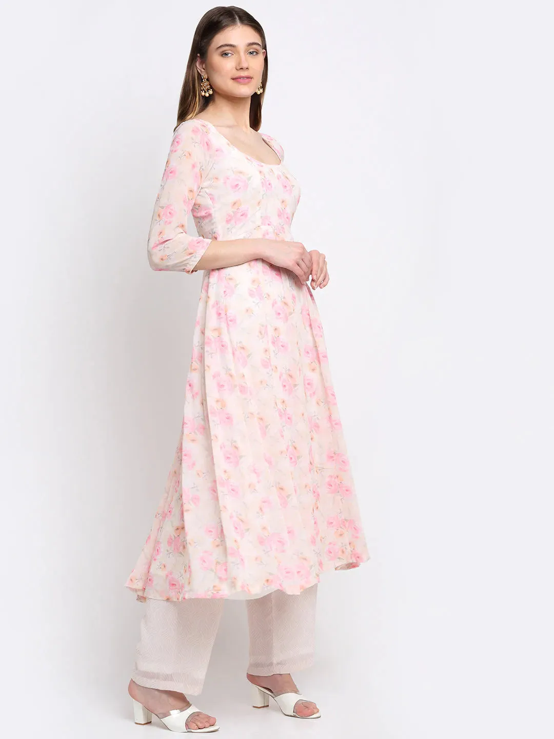 Georgette Off White & Pink Printed Anarkali Kurta with Solid Palazzo Pants