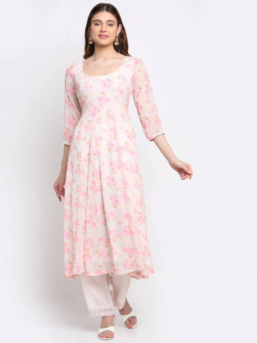 Georgette Off White & Pink Printed Anarkali Kurta with Solid Palazzo Pants