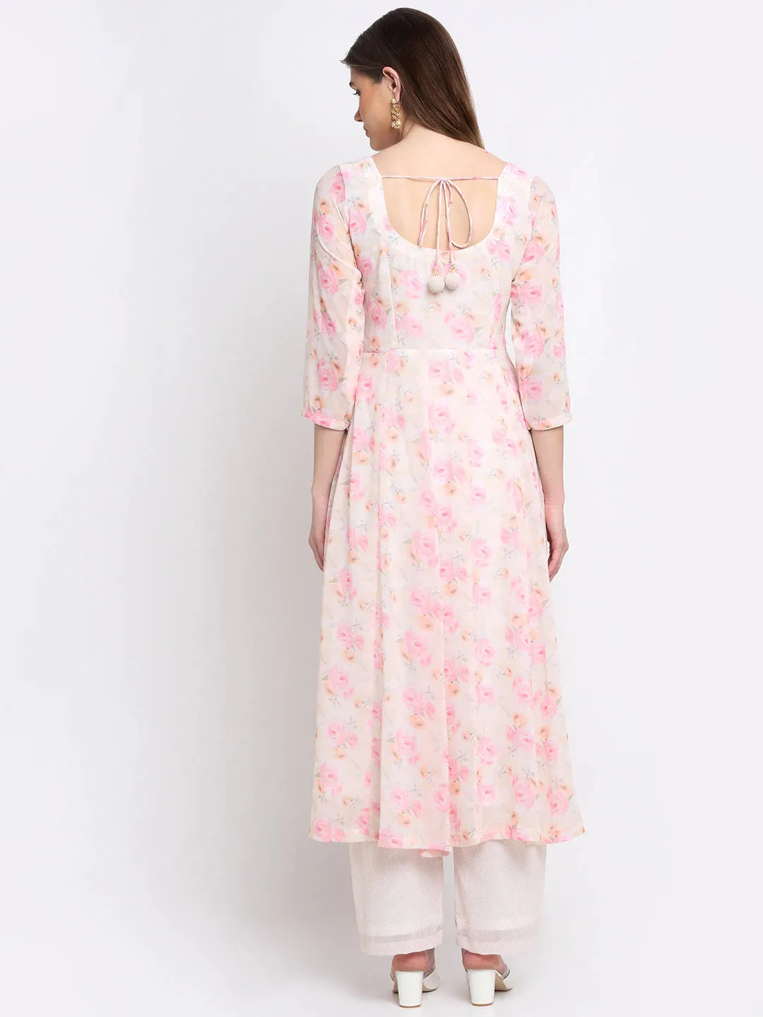 Georgette Off White & Pink Printed Anarkali Kurta with Solid Palazzo Pants