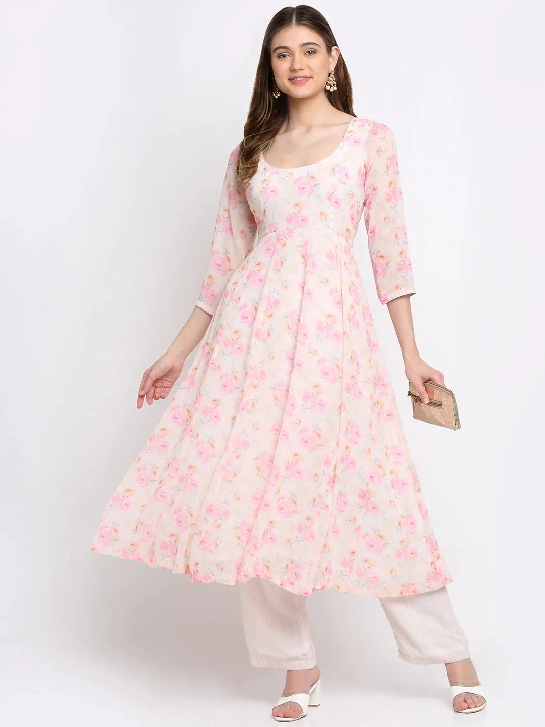 Georgette Off White & Pink Printed Anarkali Kurta with Solid Palazzo Pants