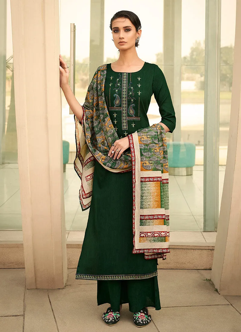 Green Embroidered Cotton Palazzo Suit