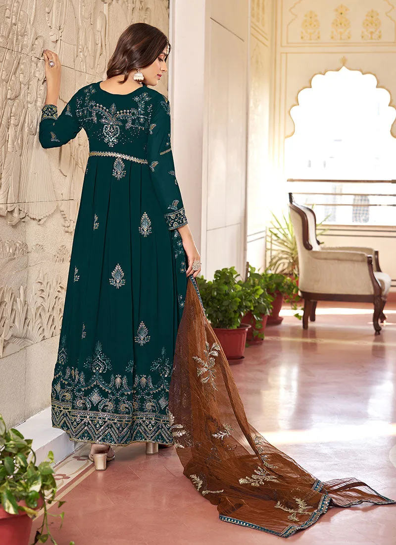 Green Multi Embroidery Gerogette Anarkali Suit