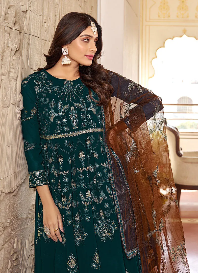 Green Multi Embroidery Gerogette Anarkali Suit