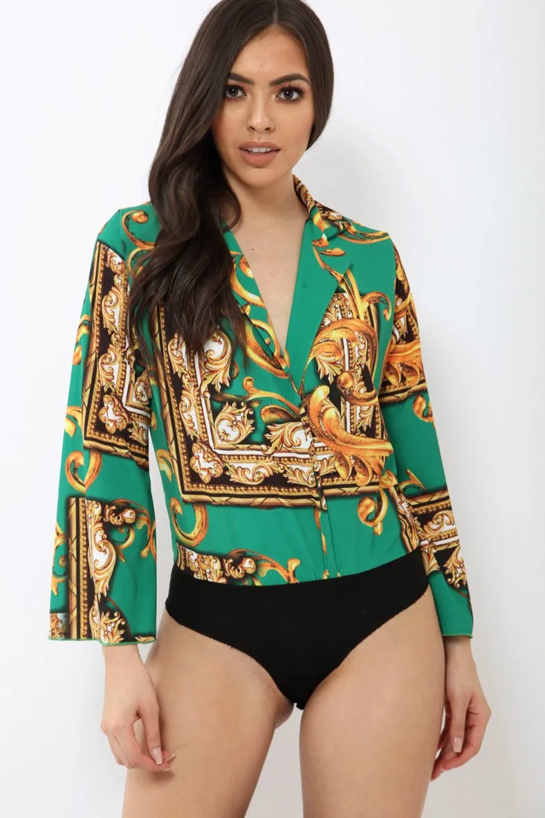 Green Scarf Print Plunge Bodysuit - Cindy-Lou