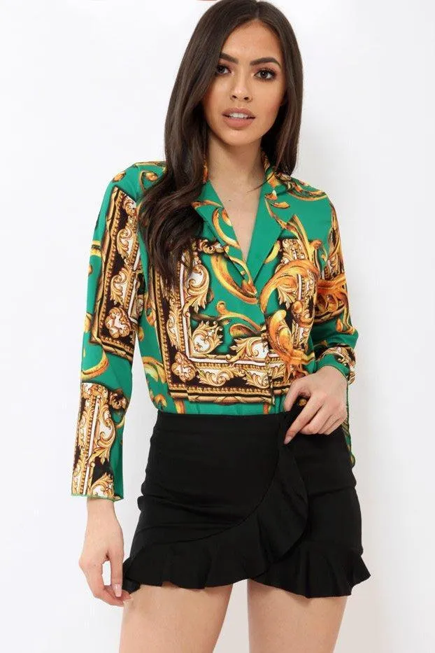 Green Scarf Print Plunge Bodysuit - Cindy-Lou