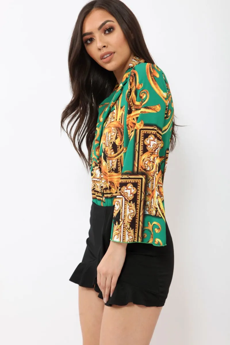 Green Scarf Print Plunge Bodysuit - Cindy-Lou