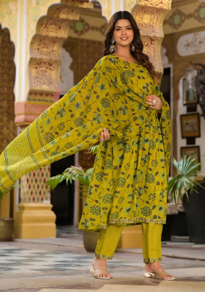 Green Viscose Block Print & Embroidered Suit Set with Chanderi Cotton Dupatta