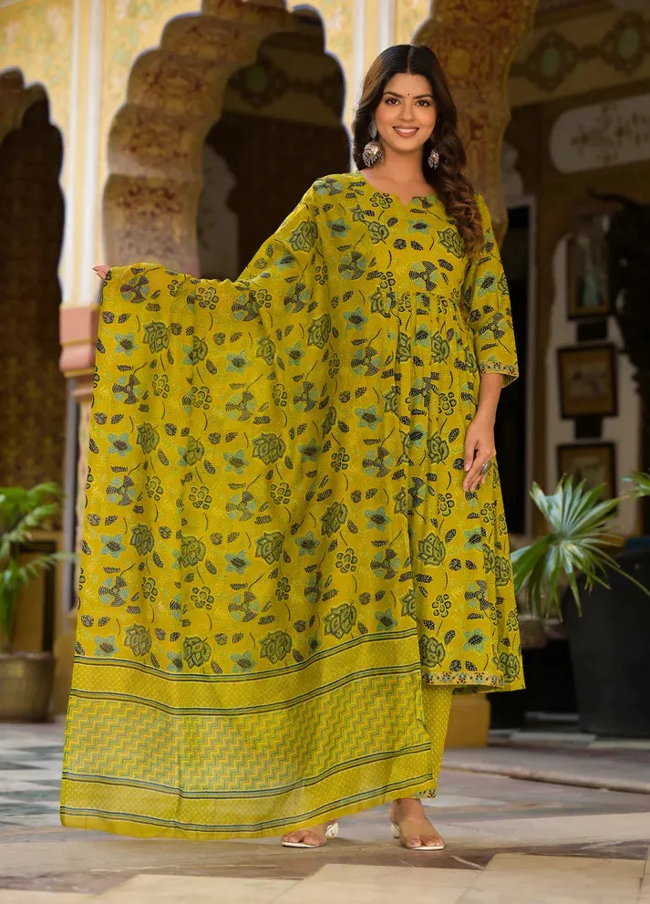 Green Viscose Block Print & Embroidered Suit Set with Chanderi Cotton Dupatta