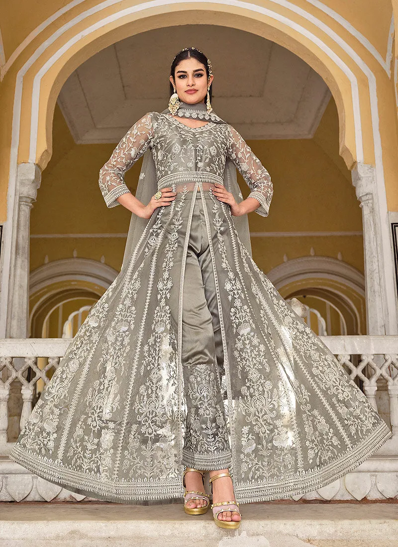 Grey Embroidered Designer Anarkali Lehenga/Pant Suit