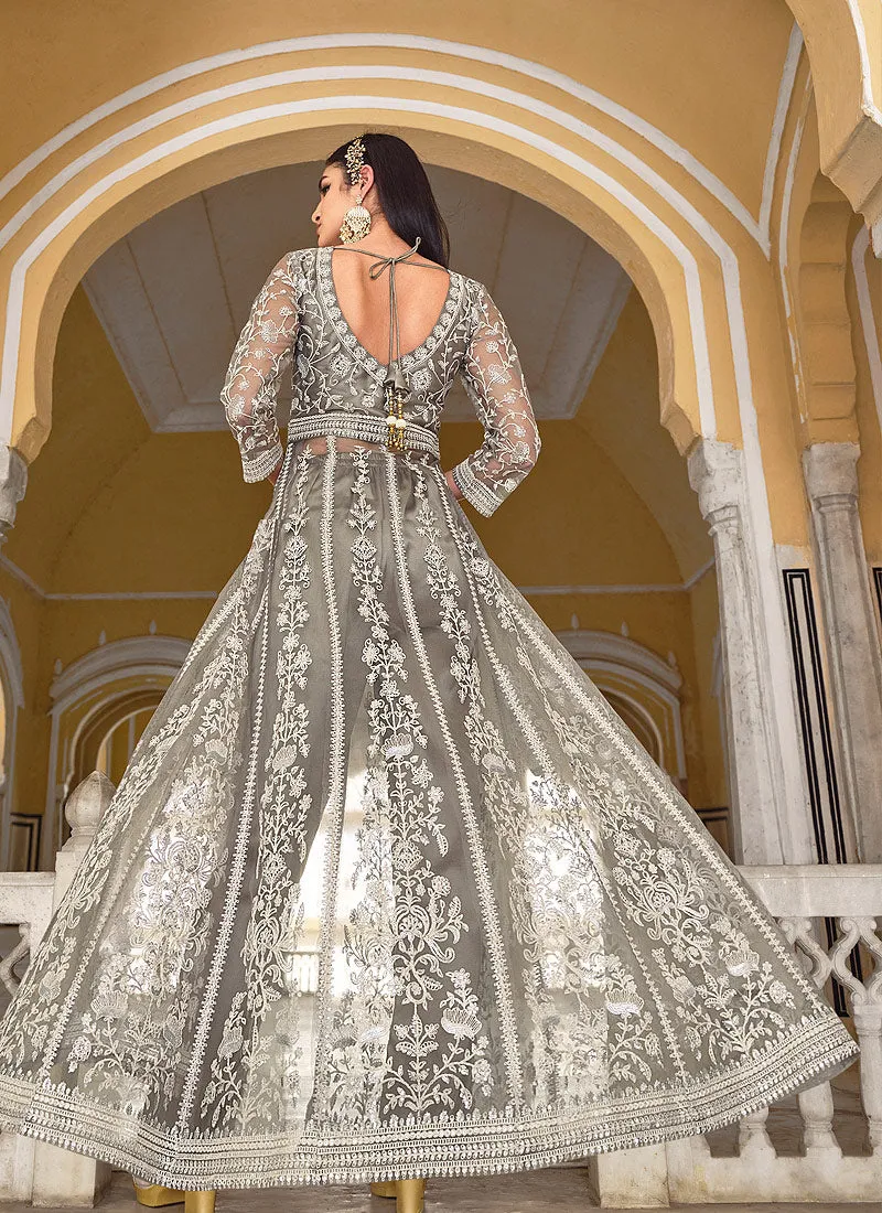 Grey Embroidered Designer Anarkali Lehenga/Pant Suit