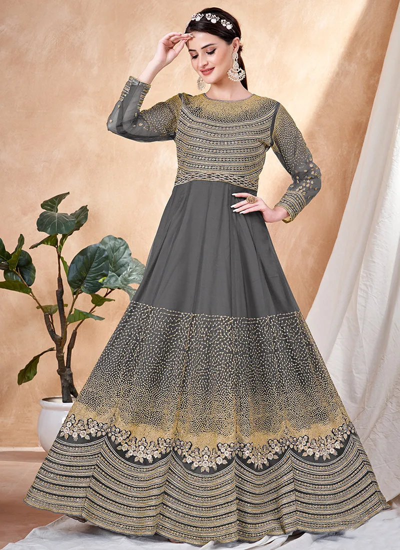 Grey Embroidery Traditional Anarkali Suit