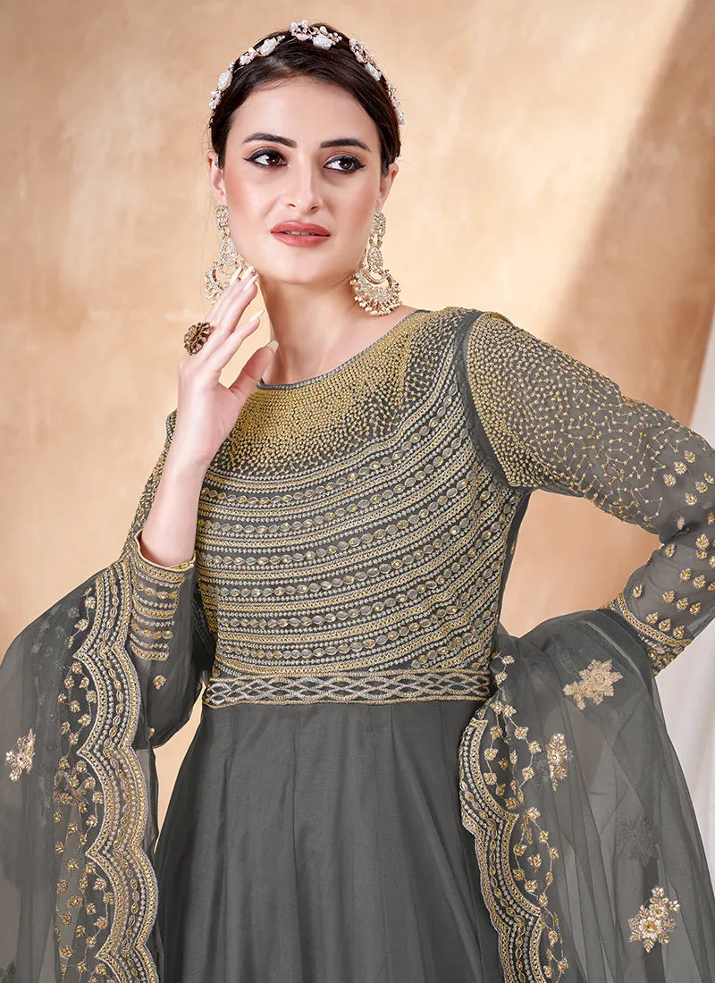 Grey Embroidery Traditional Anarkali Suit