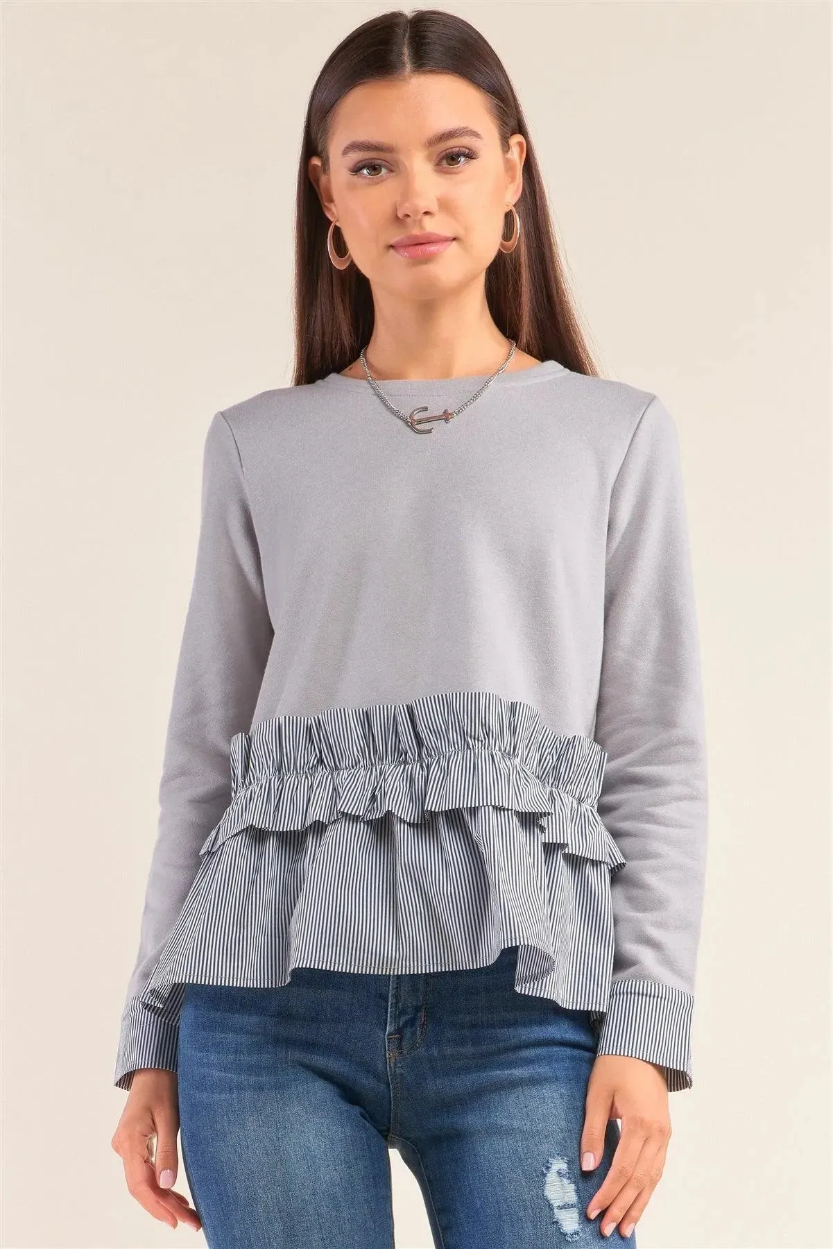 Grey Long Sleeve Crew Neck Striped Ruffle Hem Detail Knit Top /1-2-2-1