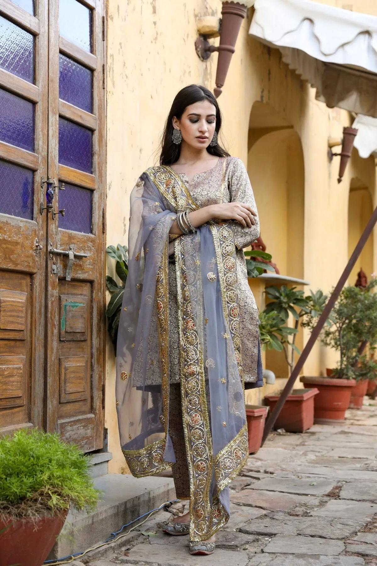 Grey Suit Set with Dupatta