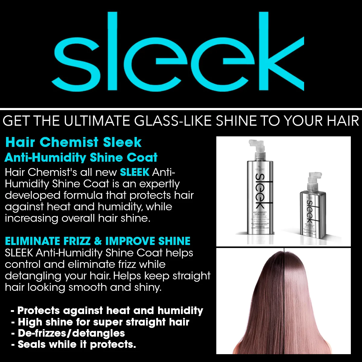 Hair Chemist Sleek Anti-Humidity Shampoo 8oz, Conditioner 8oz & Shine Coat 8oz 3-PC SET - Frizzy Hair Shampoo and  Anti-Frizz Treatment Collection for Silky Hair & Super Straight Hair