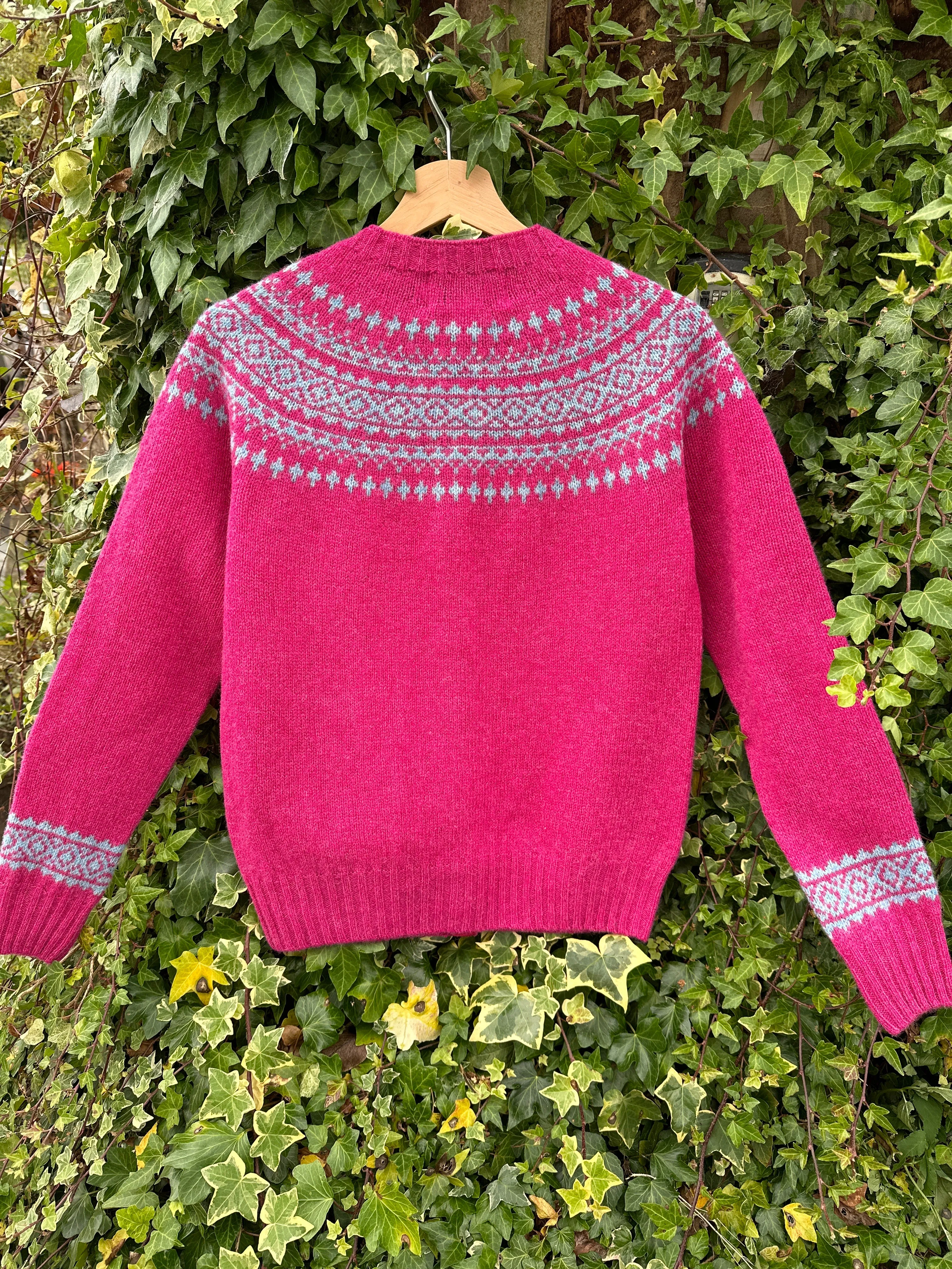 Harley Of Scotland Carnation & Duckegg Crew Neck Fair Isle Cardigan