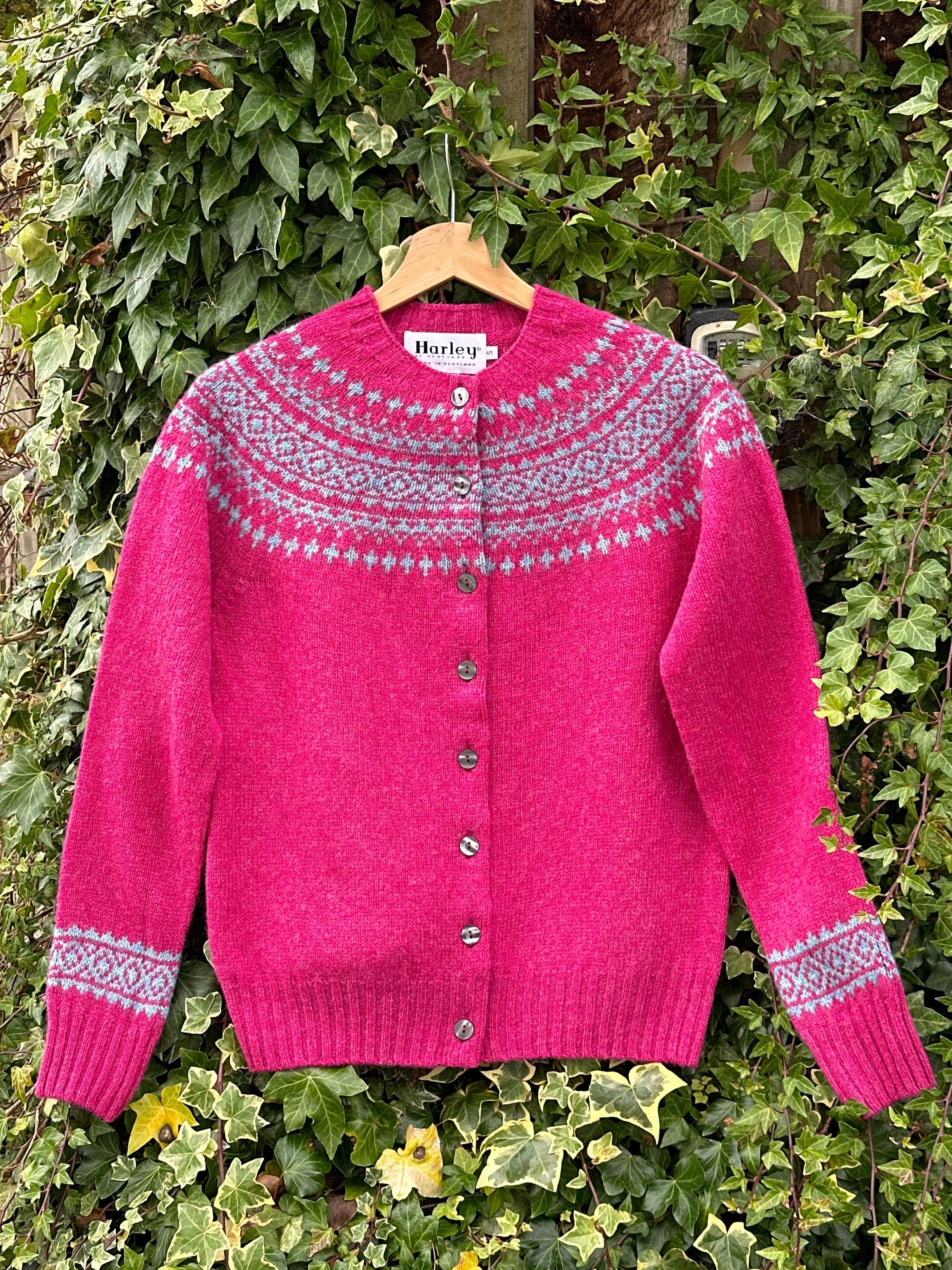 Harley Of Scotland Carnation & Duckegg Crew Neck Fair Isle Cardigan