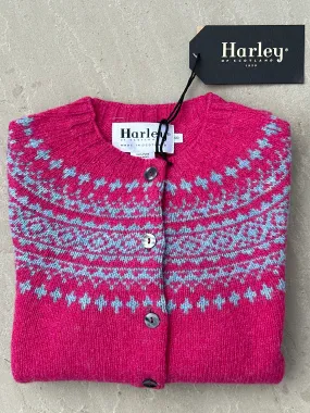 Harley Of Scotland Carnation & Duckegg Crew Neck Fair Isle Cardigan