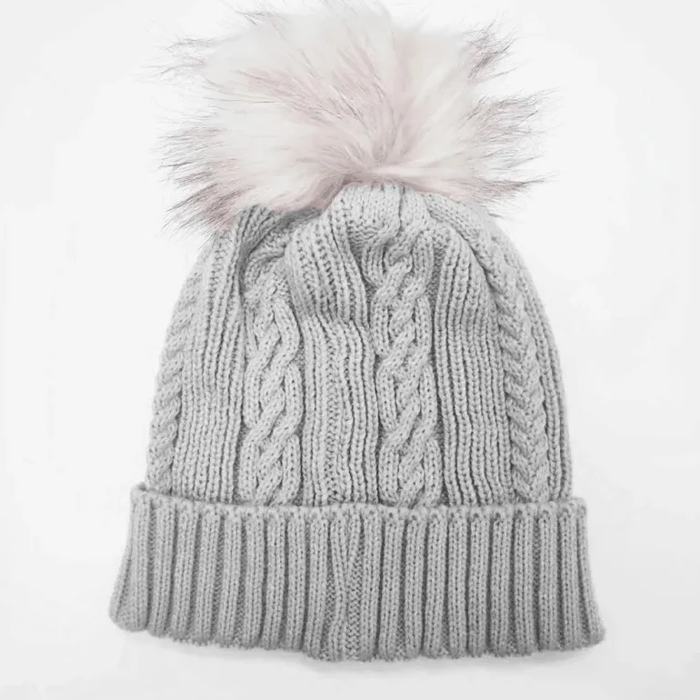 Hat - Cable Knitted Beanie with fur pom pom available in two colours.