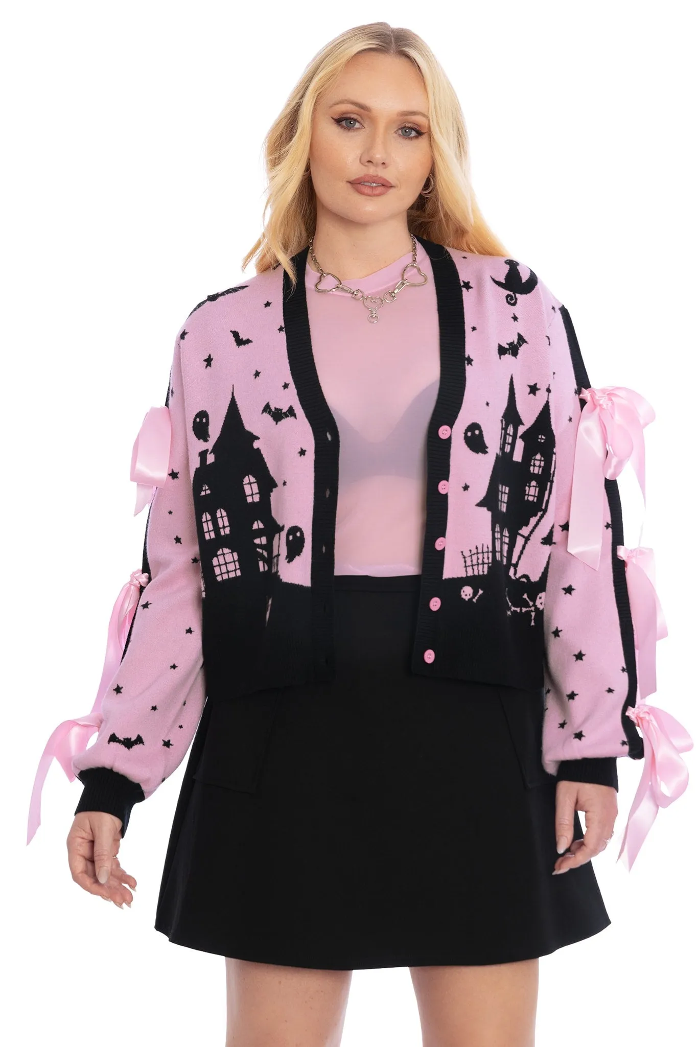 House Of Haunts Cropped Bow Cardigan