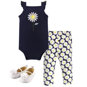 Hudson Baby Cotton Bodysuit, Pant and Shoe Set, Daisy