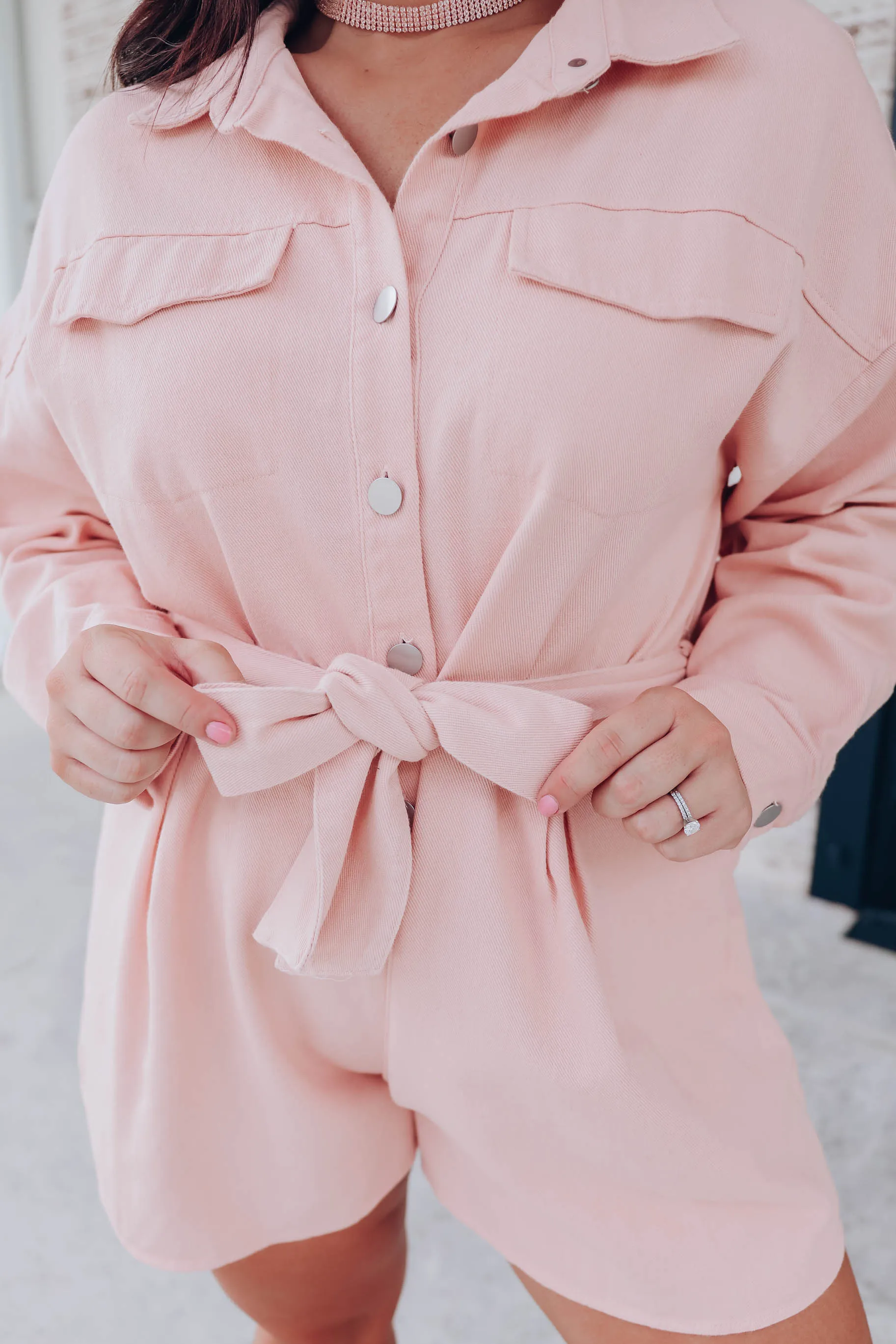 Jacket Tie Waist Denim Romper - Pink