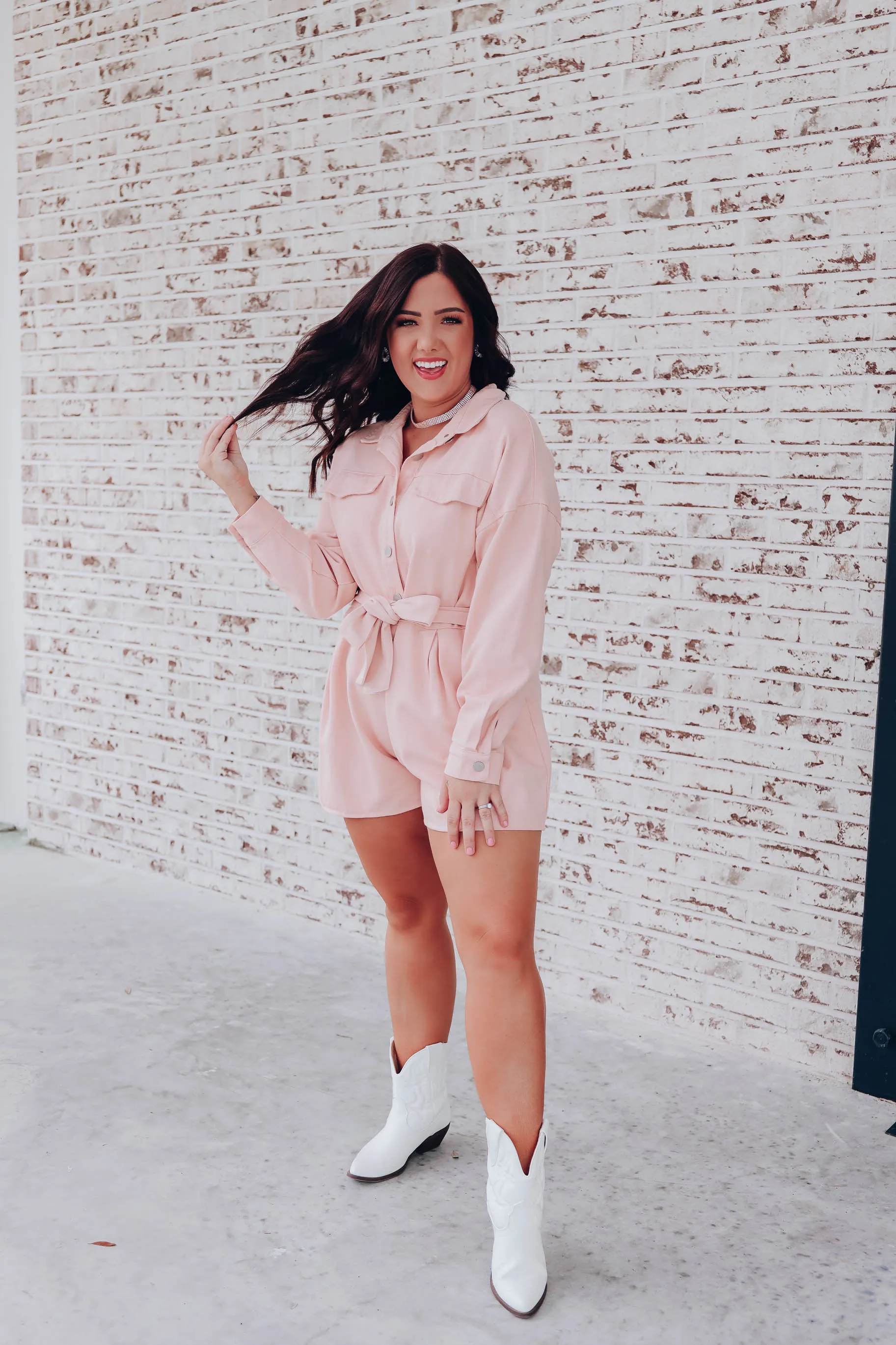 Jacket Tie Waist Denim Romper - Pink