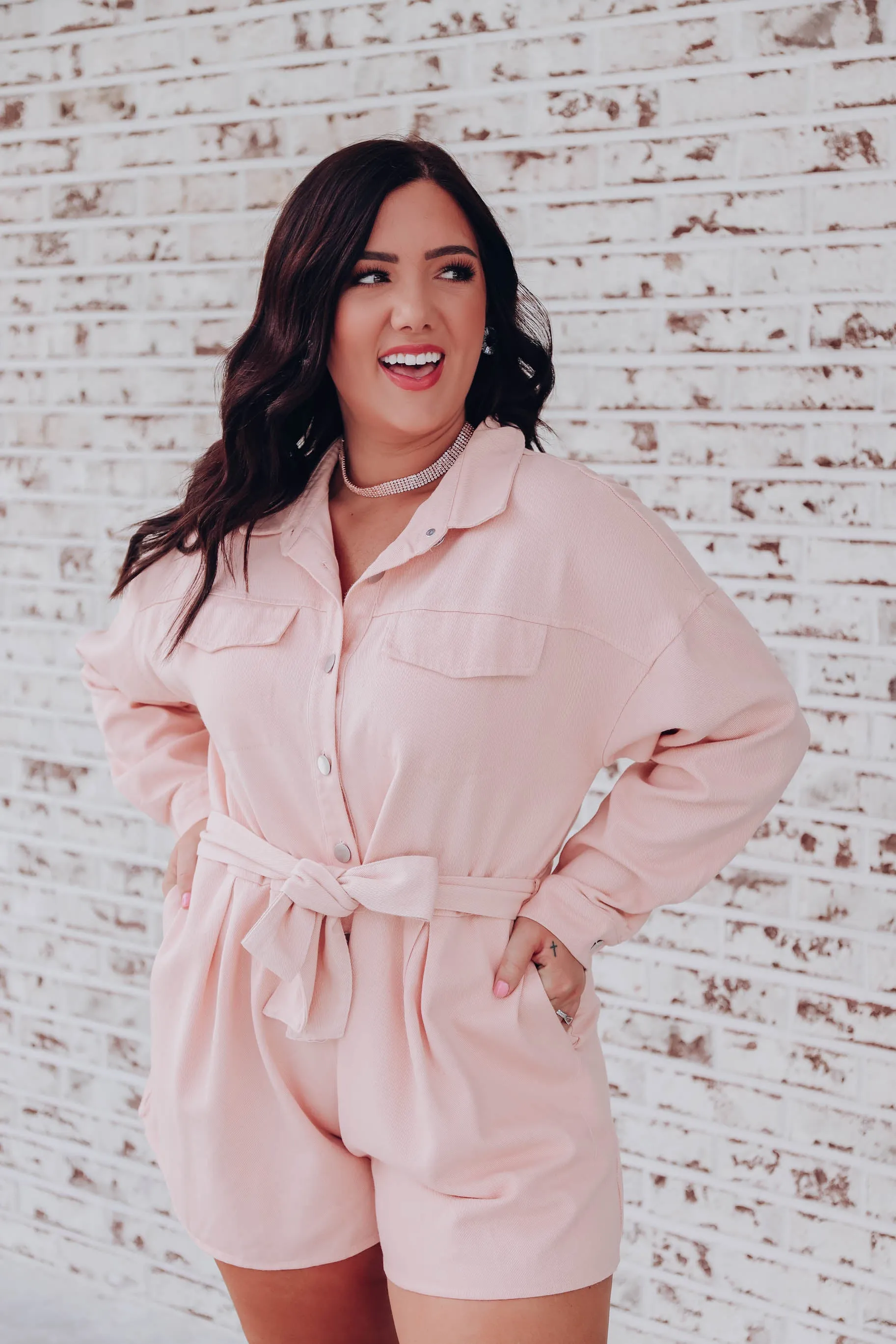 Jacket Tie Waist Denim Romper - Pink