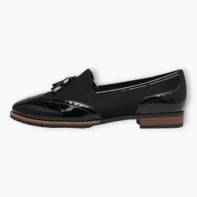 Jana Black Wide Fit Patent Brogue Detail Slip-On Loafers