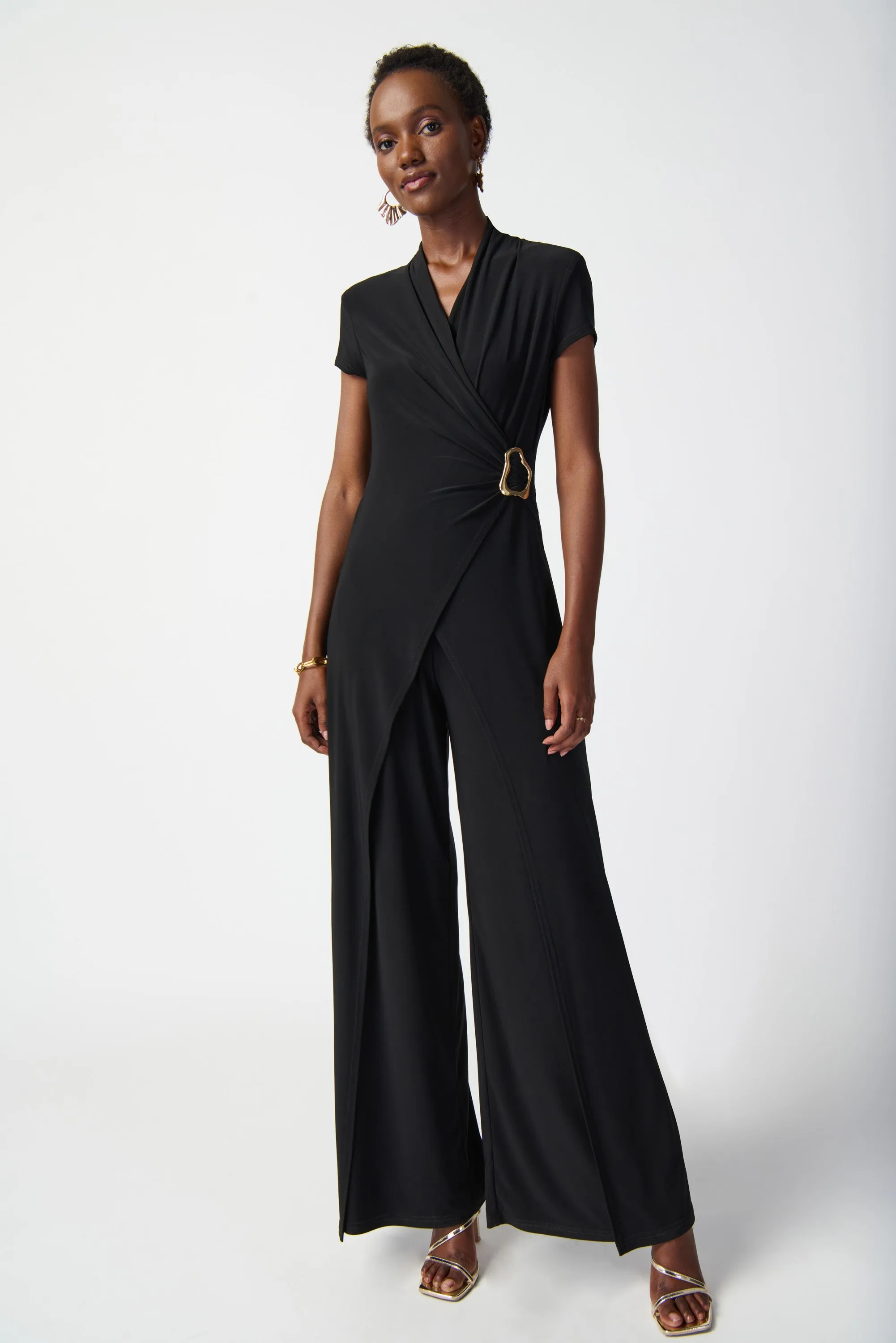 Joseph Ribkoff Black Buckle Detail Wrap Front Jumpsuit